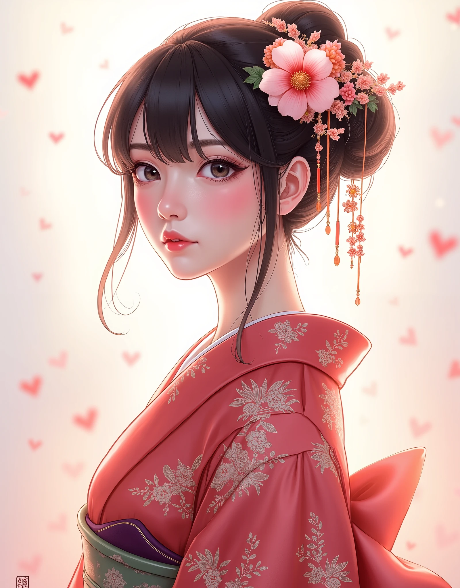 An arafed woman wearing a kimono and a flower hair ornament,  beautiful digital art work,  Beautiful Digital Illustrations ,   realism and watercolor  ,  Beautiful Digital Paintings , guweiz style illustration ,  realistic anime art style {x} photorealistic anime girl rendering, smooth anime cg art,  beautiful digital art , EXQUISITE DIGITAL ART , 驚くほど Beautiful Digital Illustrations ,  detailed digital anime art , April Rendering,  Beautiful Animated Portraits 