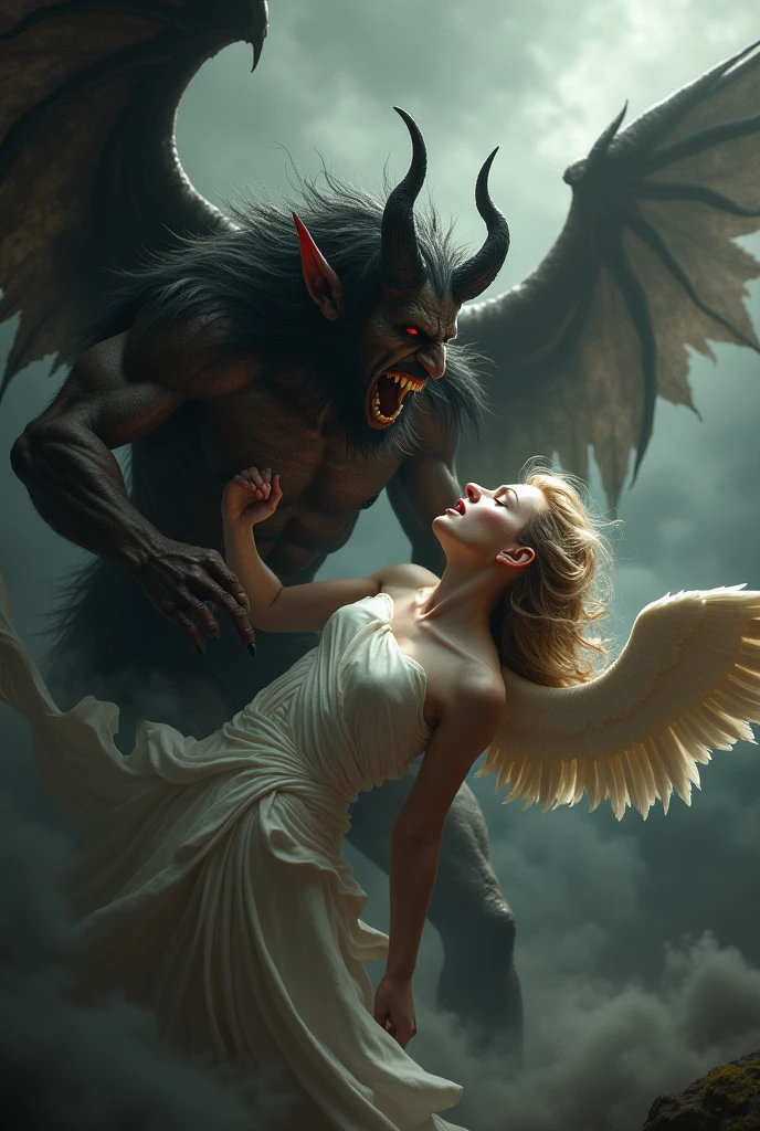 A beautiful female angel crouching in fear surrounded by powerful male demons