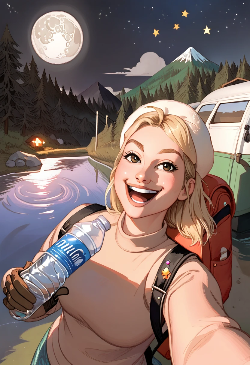 1 woman((upper body selfie, happy)), masterpiece, best quality, ultra-detailed, solo, outdoors, (night), mountains, nature, (stars, moon) cheerful, happy, backpack, sleeping bag, camping stove, water bottle, mountain boots, gloves, sweater, hat, flashlight, forest, rocks, river, wood, smoke, shadows, contrast, clear sky, analog style (look at viewer:1.2) (skin texture) (film grain:1.3), (warm hue, warm tone)