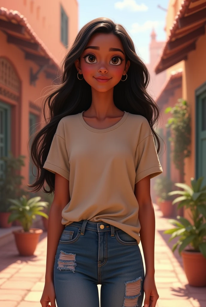  Moana with lighter skin in Morocco .  Dressed in jeans and sweatshirt or T-shirt but you can't see her belly button. She is a teenage  