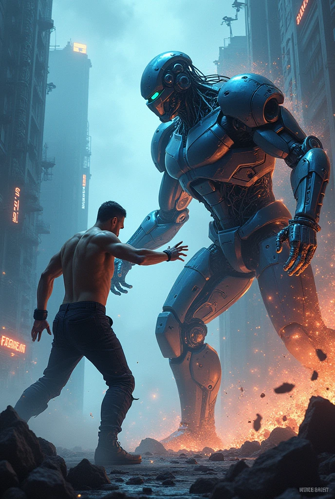Make a man dodging a robotic attack in anime style.