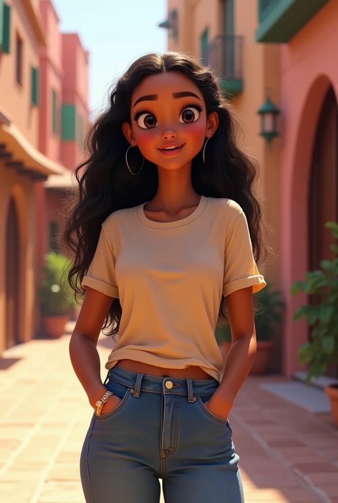  Moana with lighter skin in Morocco .  Dressed in jeans and sweatshirt or T-shirt but you can't see her belly button. She is a teenage  