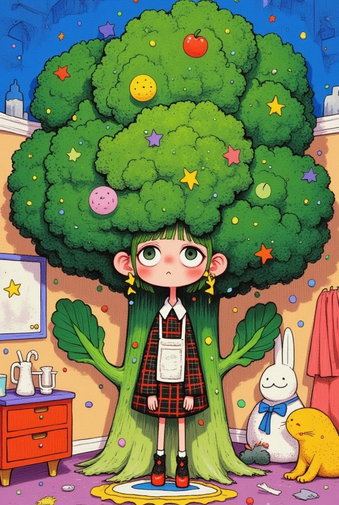  There is a doll standing in a room with big broccoli, Fei Danxu took ,  in polycount  ,  pop surrealism, Broccoli Hair , Animated Films still, Animated Films剧照, Change, Animated Films,  Yoshitomo Nara , 来自Animated Films的剧照, 3 D illustration, Animated Films剧照