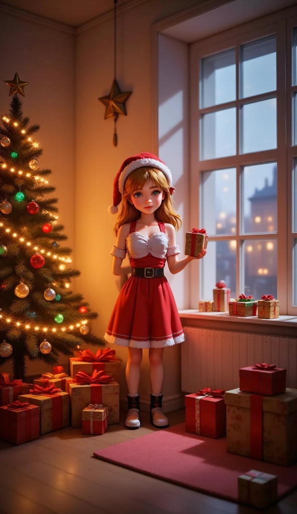 CGI rendered Christmas scene with warm lights inside the room and a night scene outside the large windows. The room is covered in Christmas decorations, including a textured Christmas tree adorned with colored lights and ornaments. A star shaped ornament hangs from the ceiling and a string of ornaments hangs from the window. The Christmas Maiden is holding a gift in her hand and some wrapped presents are scattered around. The room is filled with warm golden Christmas lights, creating a joyful and festive atmosphere