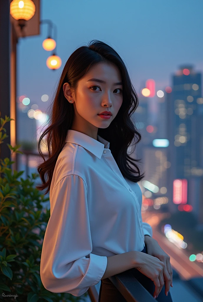 asian beauty, a woman in a white shirt posing for a picture in front of a backdrop of buildings, trees, and lights. The sky is visible at the top of the image.