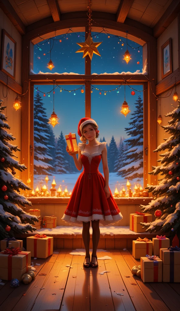 CGI rendered Christmas scene with warm lights inside the room and a night scene outside the large windows. The room is covered in Christmas decorations, including a textured Christmas tree adorned with colored lights and ornaments. A star shaped ornament hangs from the ceiling and a string of ornaments hangs from the window. The Christmas Maiden is holding a gift in her hand and some wrapped presents are scattered around. The room is filled with warm golden Christmas lights, creating a joyful and festive atmosphere