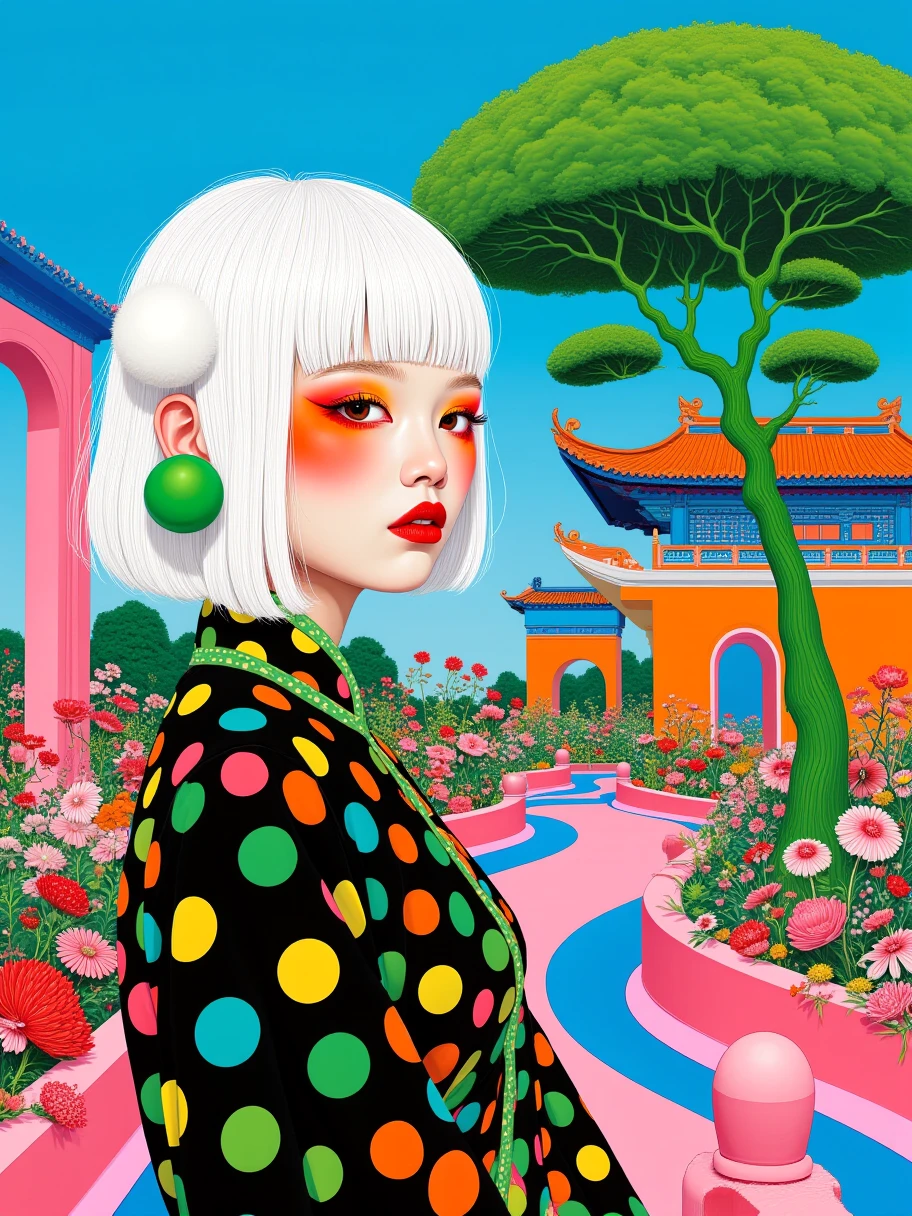 Art illustration, 1girl, straight bangs and short white hair, (((front view))), wearing traditional clothing with a black base and colorful polka dots (green, yellow, orange), green spherical earrings on one ear and a white fluffy ball-shaped decoration on the other, exaggerated makeup with vibrant eye shadow and blush in red and orange, blue sky background, a uniquely shaped green tree on the right, a traditional Asian-style building in the background with blue and orange hues, an orange arch in front of the building, abundant flowers and plants in the foreground and midground in pink, red, green, etc., pink and blue curved structures on the ground, resembling bridges or decorations, surreal, pop art style, vibrant colors, strong contrast, clean lines, prominent graphic elements, dreamy, fantastical atmosphere, evoking a surreal and imaginative feeling