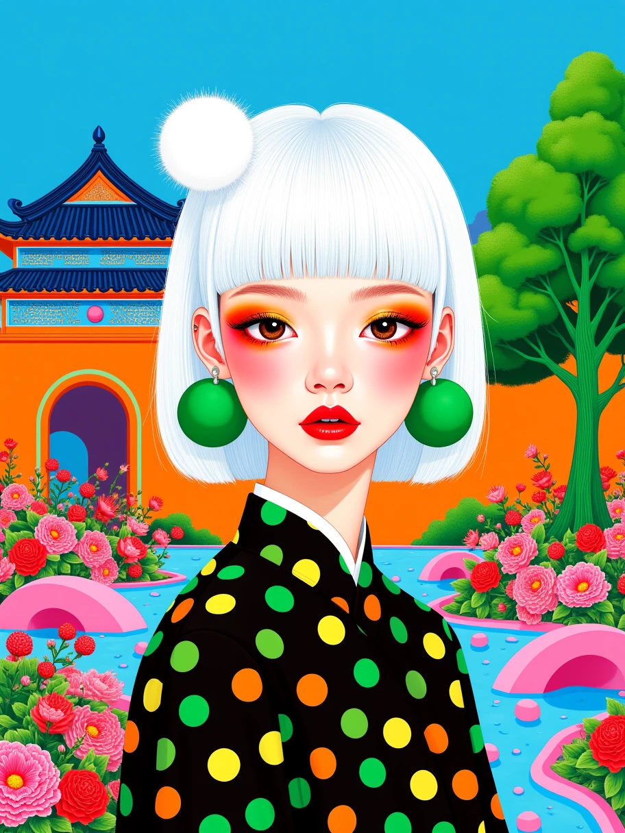 Art illustration, 1girl, straight bangs and short white hair, (((front view))), wearing traditional clothing with a black base and colorful polka dots (green, yellow, orange), green spherical earrings on one ear and a white fluffy ball-shaped decoration on the other, exaggerated makeup with vibrant eye shadow and blush in red and orange, blue sky background, a uniquely shaped green tree on the right, a traditional Asian-style building in the background with blue and orange hues, an orange arch in front of the building, abundant flowers and plants in the foreground and midground in pink, red, green, etc., pink and blue curved structures on the ground, resembling bridges or decorations, surreal, pop art style, vibrant colors, strong contrast, clean lines, prominent graphic elements, dreamy, fantastical atmosphere, evoking a surreal and imaginative feeling