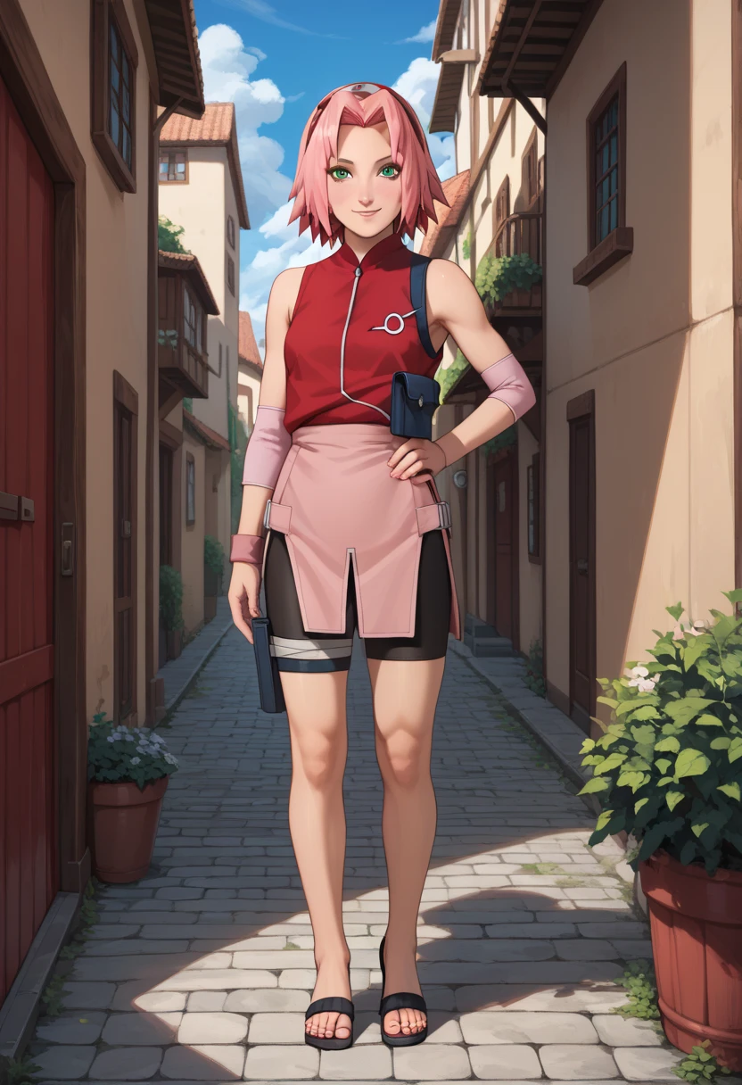 masterpiece, best quality, 1girl,haruno sakura, pink hair, short hair, parted bangs, green eyes, red hairband, smile, standing, blue sky, cloud, hidden village alley, perfect body, beautiful body, beautiful legs, sexy legs, shinobi sandals, full body, red minidress, tiny bike shorts, pink miniskirt, sleeveless, pink elbow warmers, thight holster, front view, 