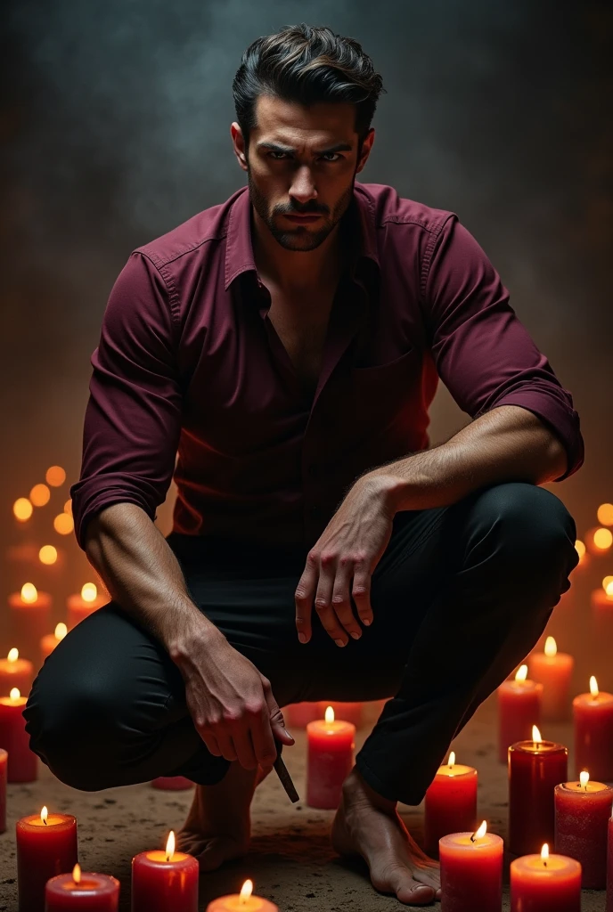 A handsome devil with intense black eyes is sitting in a completely dark room. There is a lit candle 30 centimeters from your face., iluminando sus hermosos rasgos. Estilo fotorrealista. 8k resolution. Muy detallado.