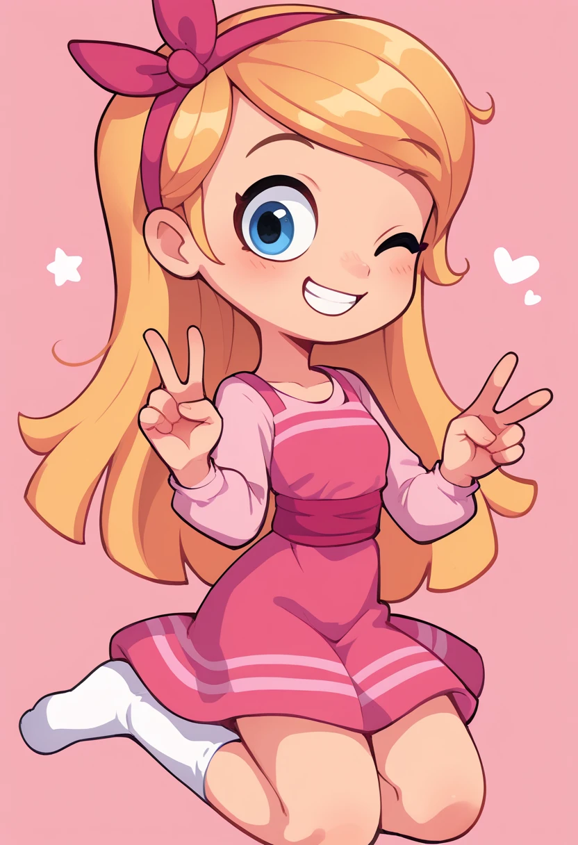 (((Masterpiece))), 1girl, one eye closed, peace sign, cute smile, cute art, cute, kawaii, left eye closed looking at viewer, high quality, blonde hair, blue eyes, long hair, hairband, pink dress, white long tube socks, happy, pink background, penny peterson