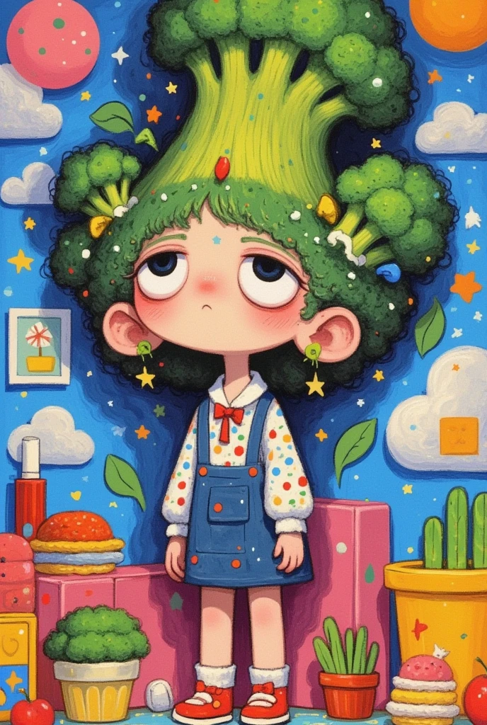  There is a doll standing in a room with big broccoli, Broccoli Hair , Animated Films still, Animated Films剧照, By Fei Danwook , author：Yoshitomo Nara, Yu Zhiding, author：Yi Yinwen, author jeonseok lee, author：Ni Yuanlu, Animated Films, Change,  by Cui Bei 