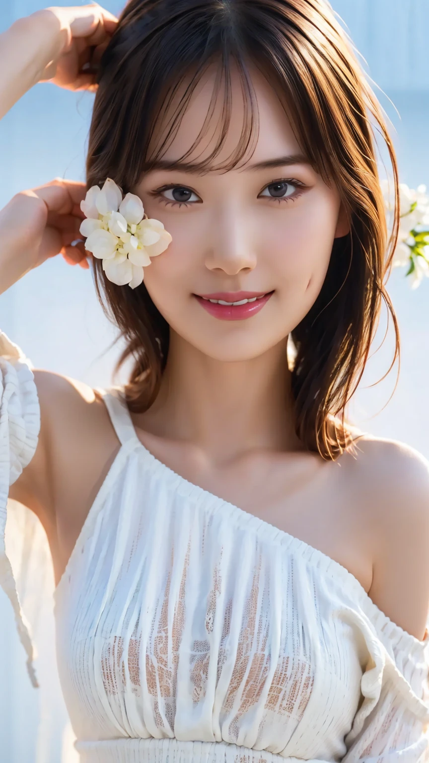   white skin、beautiful, shiny skin、beautifulアイメイク、beautiful艶肌、  Pretty Smile with Cheeks 、   highly revealing clothes  、Silk material、off shoulder shirt only 、Goddess Style、  simple background、  Sexy Poses 