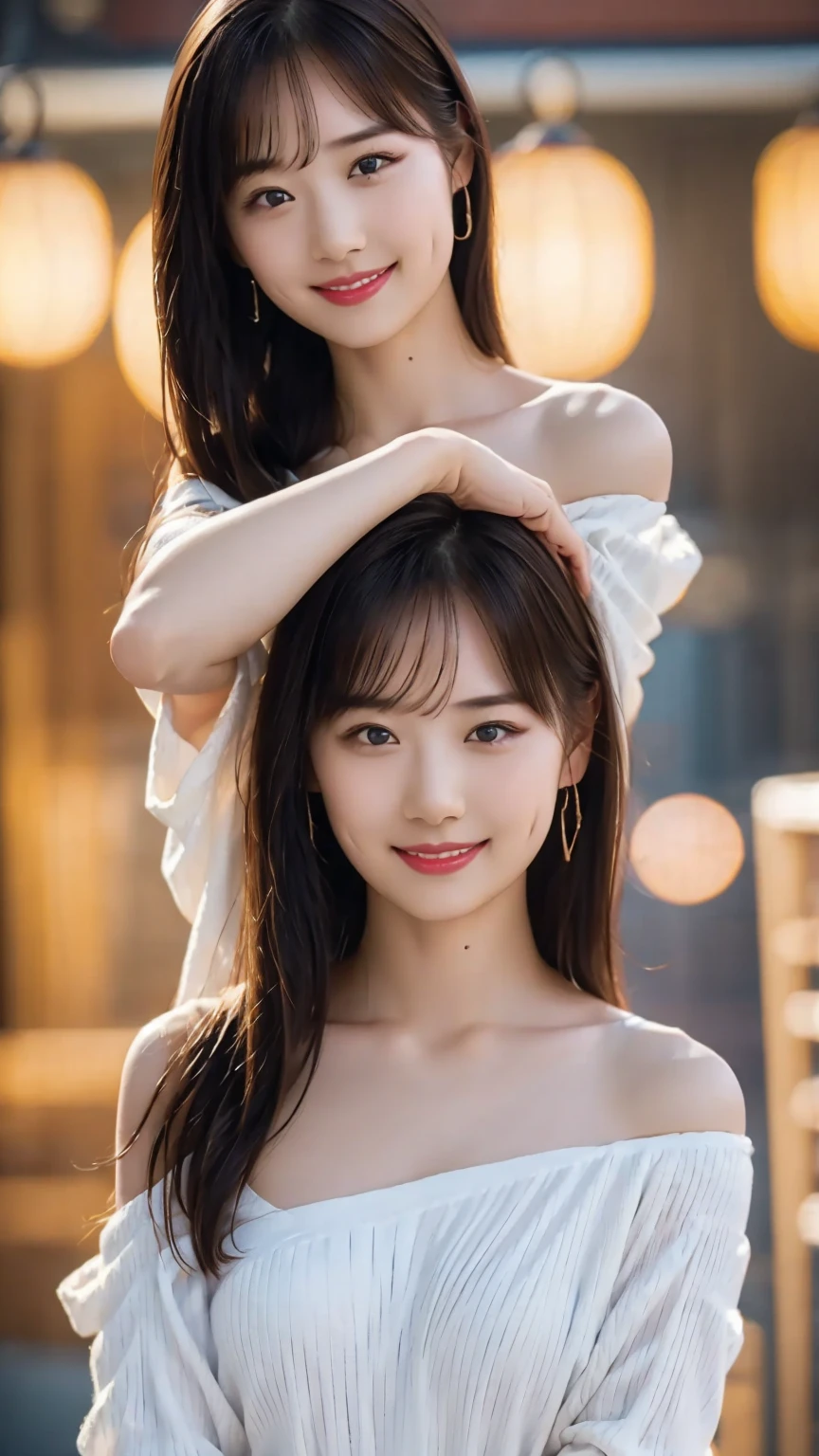   white skin、beautiful, shiny skin、beautifulアイメイク、beautiful艶肌、  Pretty Smile with Cheeks 、   highly revealing clothes  、Silk material、off shoulder shirt only 、Goddess Style、  simple background、  Sexy Poses 