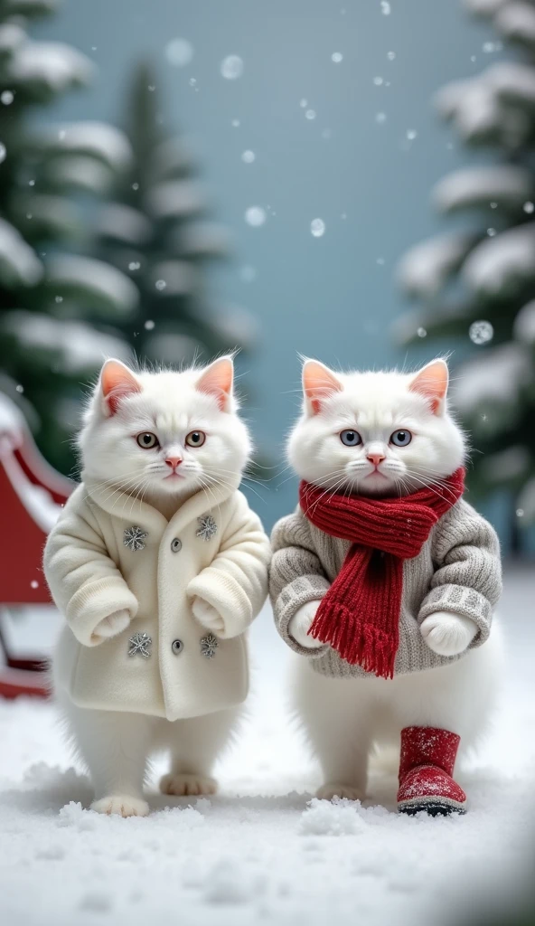 Baby Cats in a Winter Wonderland Shoot
Two white baby cats walking upright in a snowy, magical studio setting. One wears a fluffy white coat with silver snowflake details and matching earmuffs, while the other sports a red scarf with a woolen sweater and boots. The background includes snow-covered pine trees, twinkling icicles, and a sleigh prop.