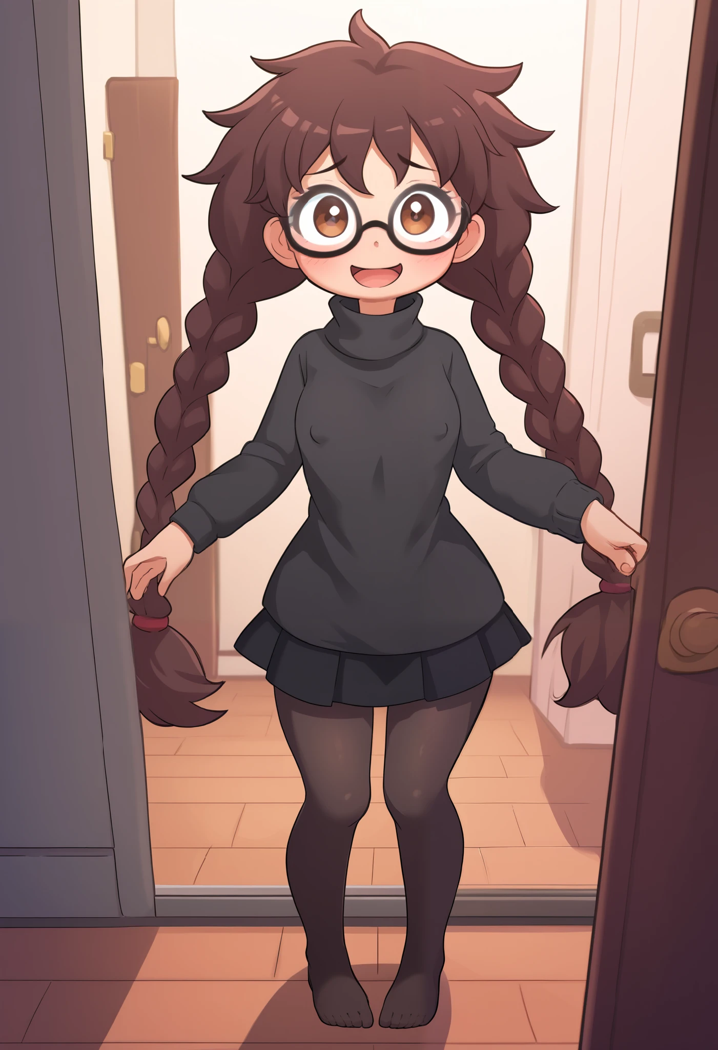 Small girl, young, full body, (solo 0.6), dark brown hair, braids, twintails, messy braids, puffy hair, messy hair, very long hair, brown eyes, skinny body, skinny legs, skinny thighs, slender body, thin waist, flat chest, indoors, (solid black sweater 0.9), black sweater, solid black skirt,  black clothing, medium length skirt, knee length skirt, black pantyhose, glasses, opening door, blushing, blush lines, laughing, nervous, pov, looking up at you, big eyes, hard erect nipples, cute,