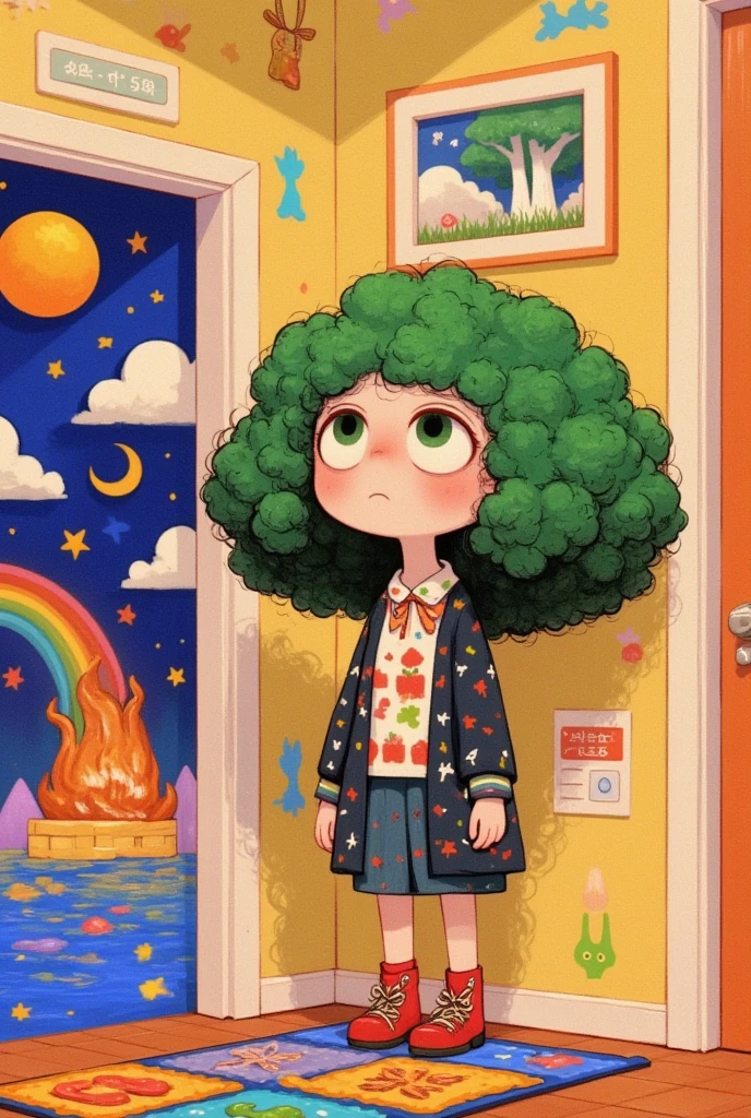  cartoon：In the room， a girl with broccoli hair， huge hair ，expression of grief 