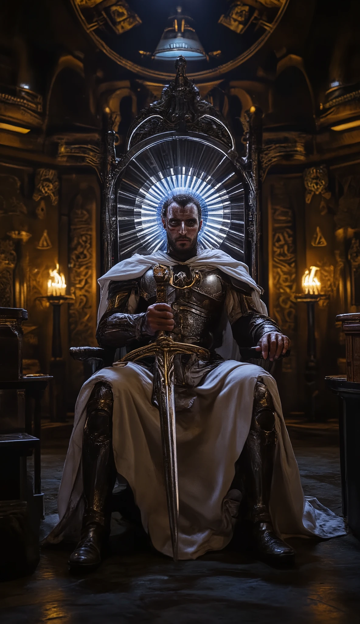 Wide view, portrait, futuristic, Sci-fi cinematic scene. Dramatic lighting Gothic style Royal chamber background. The Chamber lighting with lamb nad candles, Throne in center. The Holy Emperor sitting on Throne, he wearing the intricated detaied Metal Roman armor, with the white cloak, he hqve the shining  eyes, the shining annulus with ray behind his head, holding the sword in his hand. Golden runes and cybernectic line decorate, Grimmdark, mechanical. (Ultra-realistic, 32k, Masterpiece, High Quality, Detailed Realistic Background, Official Art, Realistic Lighting, filmfotos, film grain, reversal film photography).