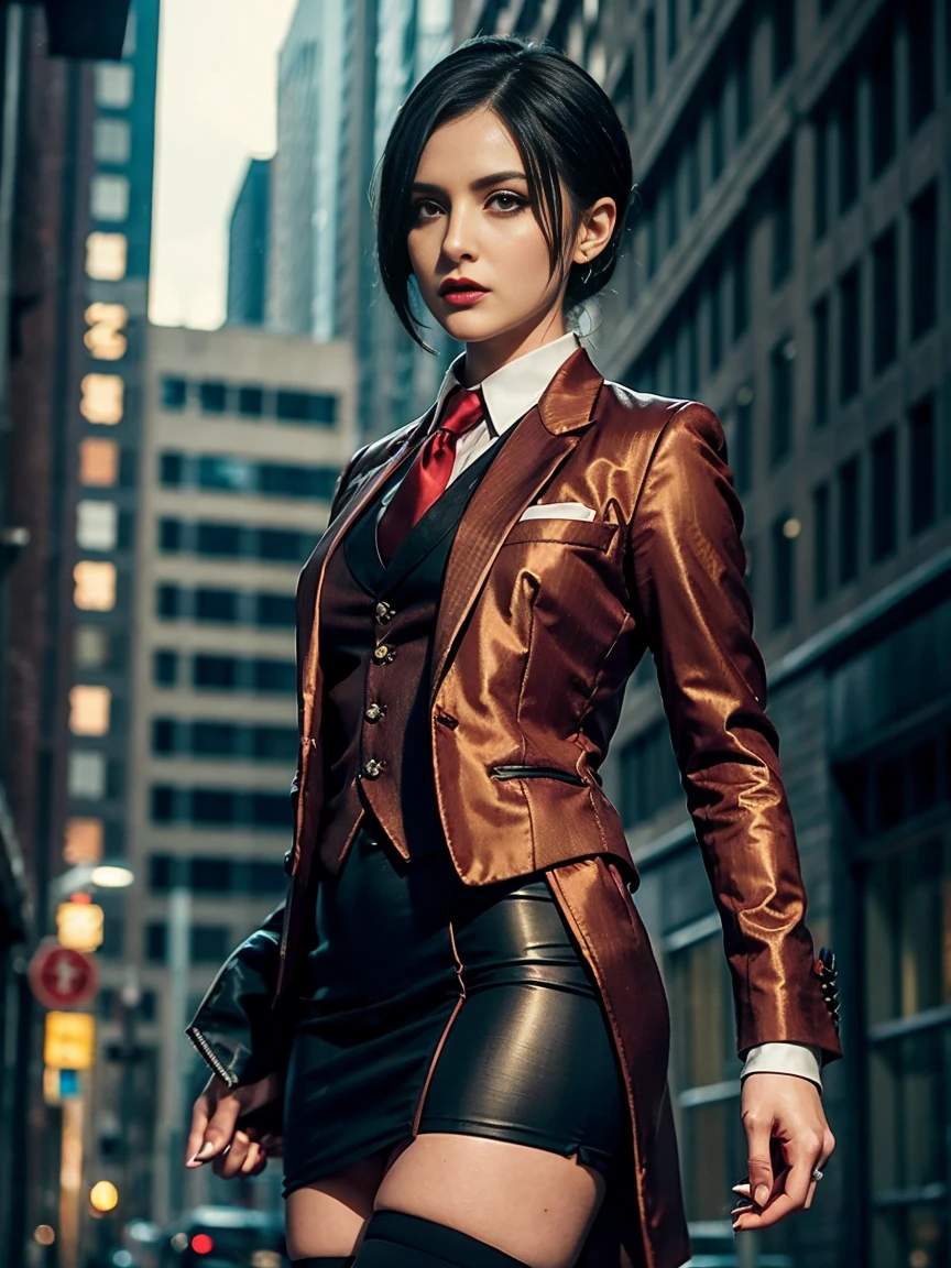 Resident Evil 4, Ada Wong, 1girl, makeup, silky hair, fully clothed, skirt suit, suit and tie, (((three-piece suit))), dress shirt, shirt and tie, necktie, ((blazer)), ((suit jacket)) ((waistcoat)), bodycon miniskirt, pantyhose, tights, stockings, red lipstick, pinstripe suit, high heels, belt, tie clip, pocket square, tailored suit, detailed high-end night city background, 