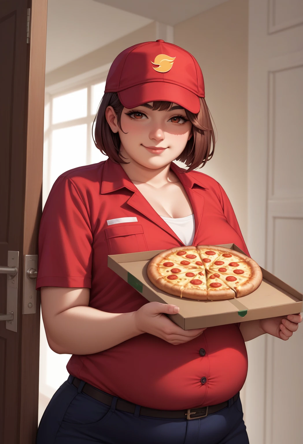 Young woman, bright brown bob-cut hair, red delivery uniform, red cap, confident smile, sharp eyes
Standing in front of a slightly open apartment door, holding a pizza box, a polite expression
Middle-aged man, slightly overweight, casual clothes, tired face, confused expression
Cluttered apartment interior, dim warm lighting, soft shadows
High-quality portrait, perfect composition, professional quality, high-resolution
Realistic facial features, perfect lighting, perfect contrast, perfect setting
Masterpiece, perfect atmosphere, natural pose, warm and welcoming tone

