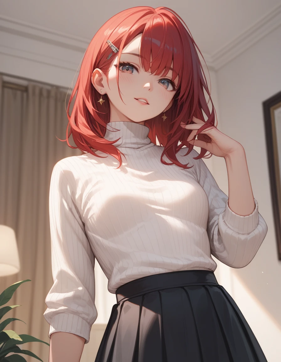 (masterpiece, best quality, long shot), 1 woman, 29 years old, small breast, red bob hair, white turtleneck sweater, black skirts, in her room