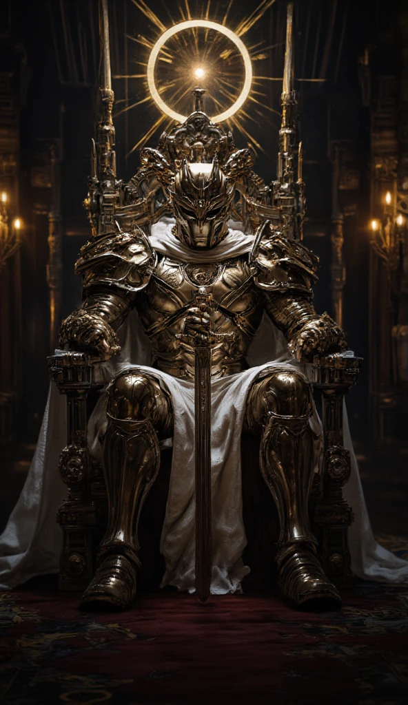 Wide view, portrait, futuristic, Sci-fi cinematic scene. Dramatic lighting Gothic style Royal chamber background. The Chamber lighting with lamb nad candles, Throne in center. The Holy Emperor sitting on Throne, he wearing the intricated detaied Metal Roman armor, with the white cloak, he hqve the shining  eyes, the shining annulus with ray behind his head, holding the sword in his hand. Golden runes and cybernectic line decorate, Grimmdark, mechanical. (Ultra-realistic, 32k, Masterpiece, High Quality, Detailed Realistic Background, Official Art, Realistic Lighting, filmfotos, film grain, reversal film photography).