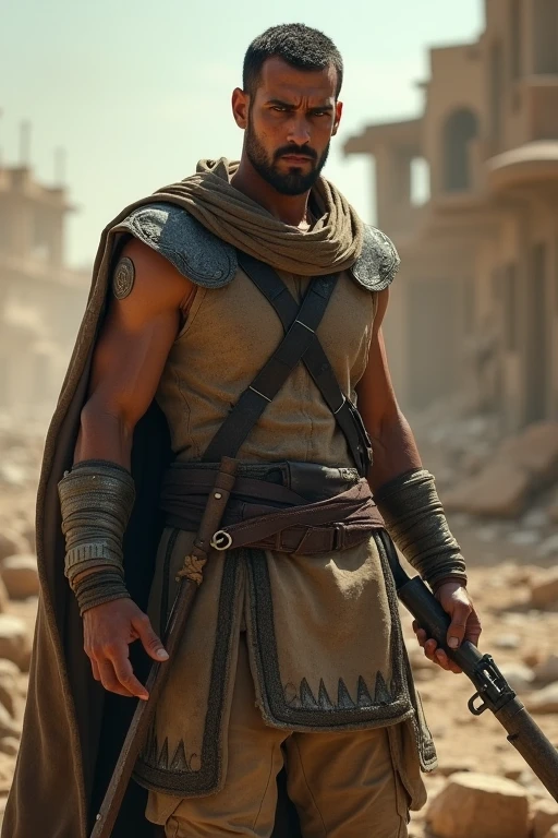 fking_scifi, fking_scifi_v2, portrait of a young, stout muscular insanely handsome and attractive Arabic warrior man, in front of an sand desert, short messy hair, hairy body, rich colorful and golden jewelry, close up, regal pose and attitude. Dynamic action poses, fking_cinema_v2.