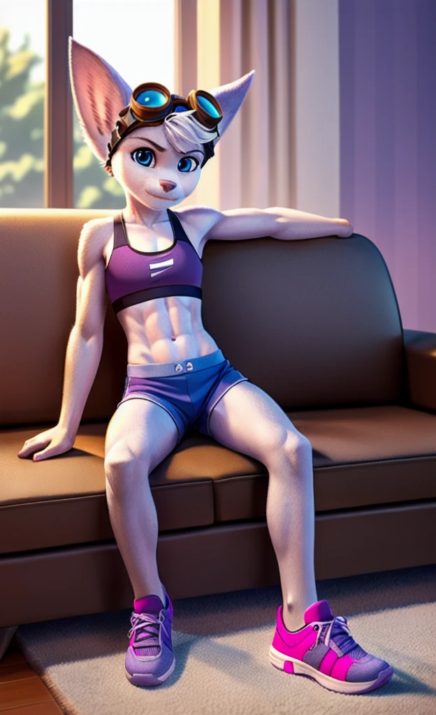 Rivet, tail, furry girl, 1girl, solo, young, (blue shorts), (purple sports bra), (pink shoes), inside livingroom, sitting on a couch, detailed body fur, detailed body, detailed eyes, detailed face, athletic, skinny, high quality, masterpiece, goggles, looking at you, full body, gaming