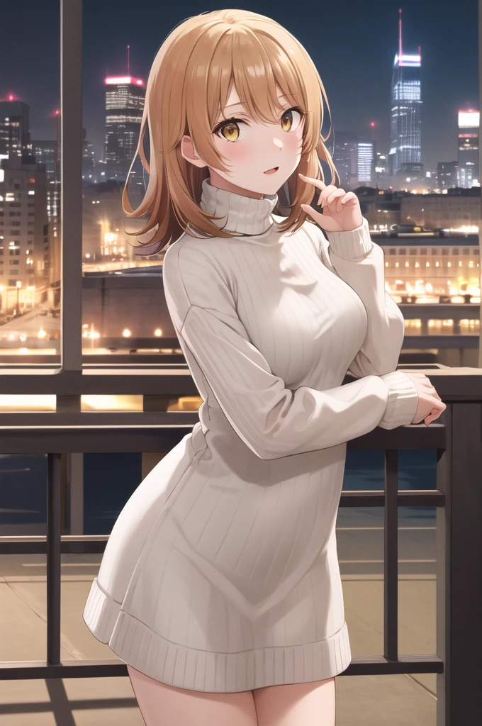 masterpiece, best quality, highres, aairoha, medium hair, sweater dress, turtleneck, city, night, standing, cowboy shot,