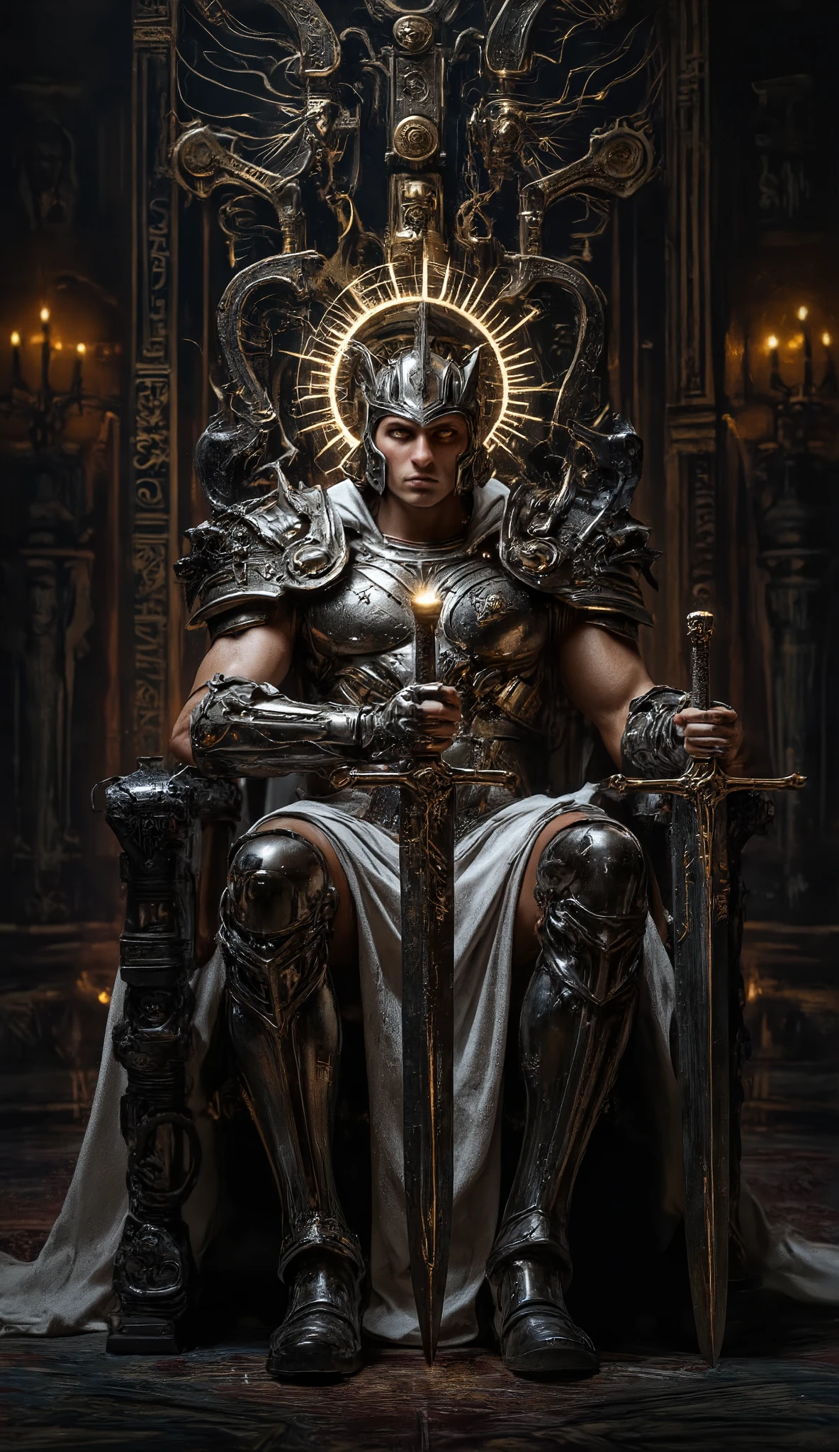 Wide view, portrait, futuristic, Sci-fi cinematic scene. Dramatic lighting Gothic style Royal chamber background. The Chamber lighting with lamb nad candles, Throne in center. The Holy Emperor sitting on Throne, he wearing the intricated detaied Metal Roman armor, with the white cloak, he hqve the shining  eyes, the shining annulus with ray behind his head, holding the sword in his hand. Golden runes and cybernectic line decorate, Grimmdark, mechanical. (Ultra-realistic, 32k, Masterpiece, High Quality, Detailed Realistic Background, Official Art, Realistic Lighting, filmfotos, film grain, reversal film photography).