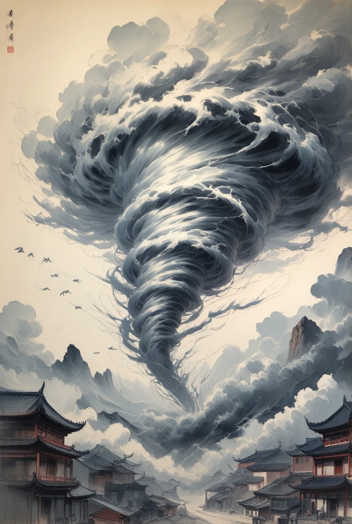  New Chinese Paintings - A Huge Tornado Storm, Flying ,汽车Flying  