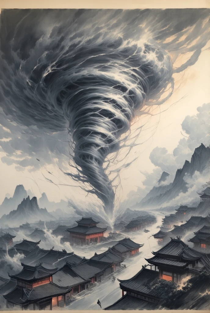  New Chinese Paintings - A Huge Tornado Storm, Flying ,汽车Flying  