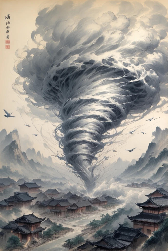  New Chinese Paintings - A Huge Tornado Storm, Flying ,汽车Flying  