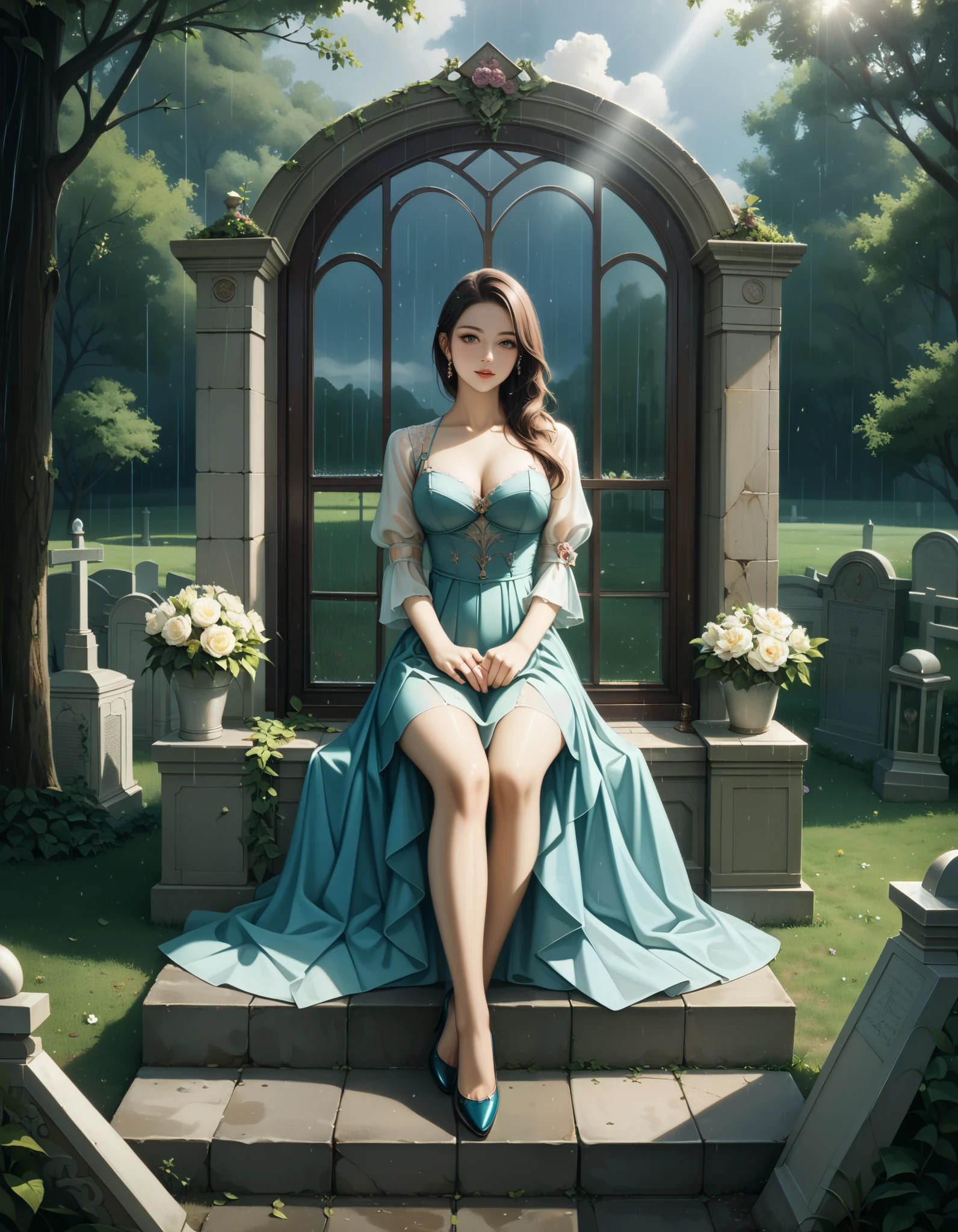 a beautiful young woman sitting in a graveyard on a rainy day, extremely detailed CG, 8k wallpaper, wearing a dress, style-empire, (style-glass), (((surrealism))), full body shot, dramatic, backlit, rays of light, volumetric lighting, detailed face, high resolution, painting