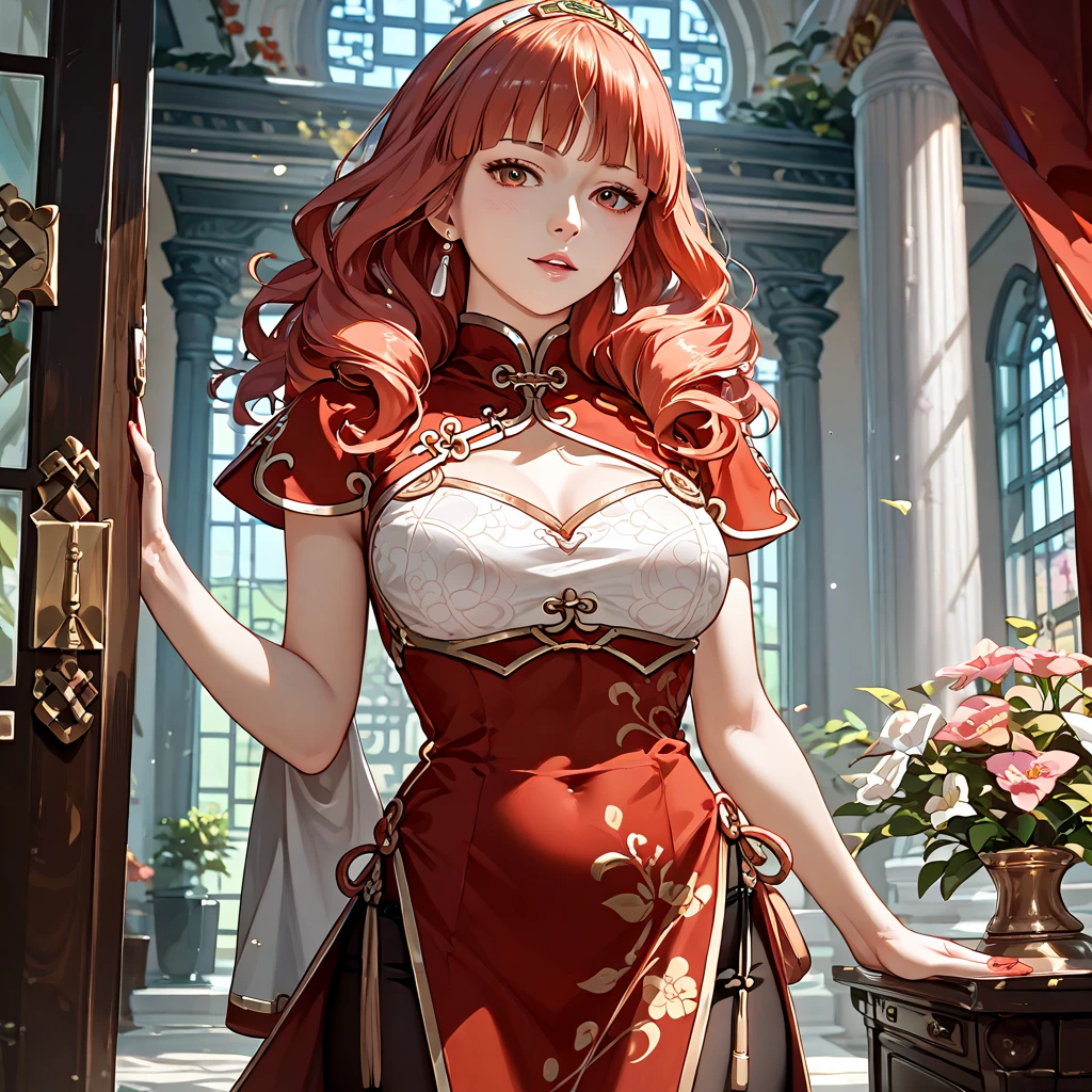 (( best quality)), ((masterpiece)), ( Details), （ perfect face）、The woman is red haired Celica and is wearing a sexy red China dress