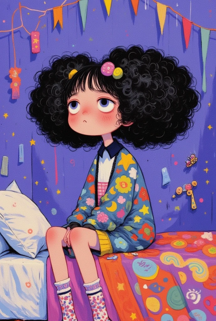 low fidelity cartoon pictures：In the room， a girl with broccoli hair， huge hair ，expression of grief ，Fear