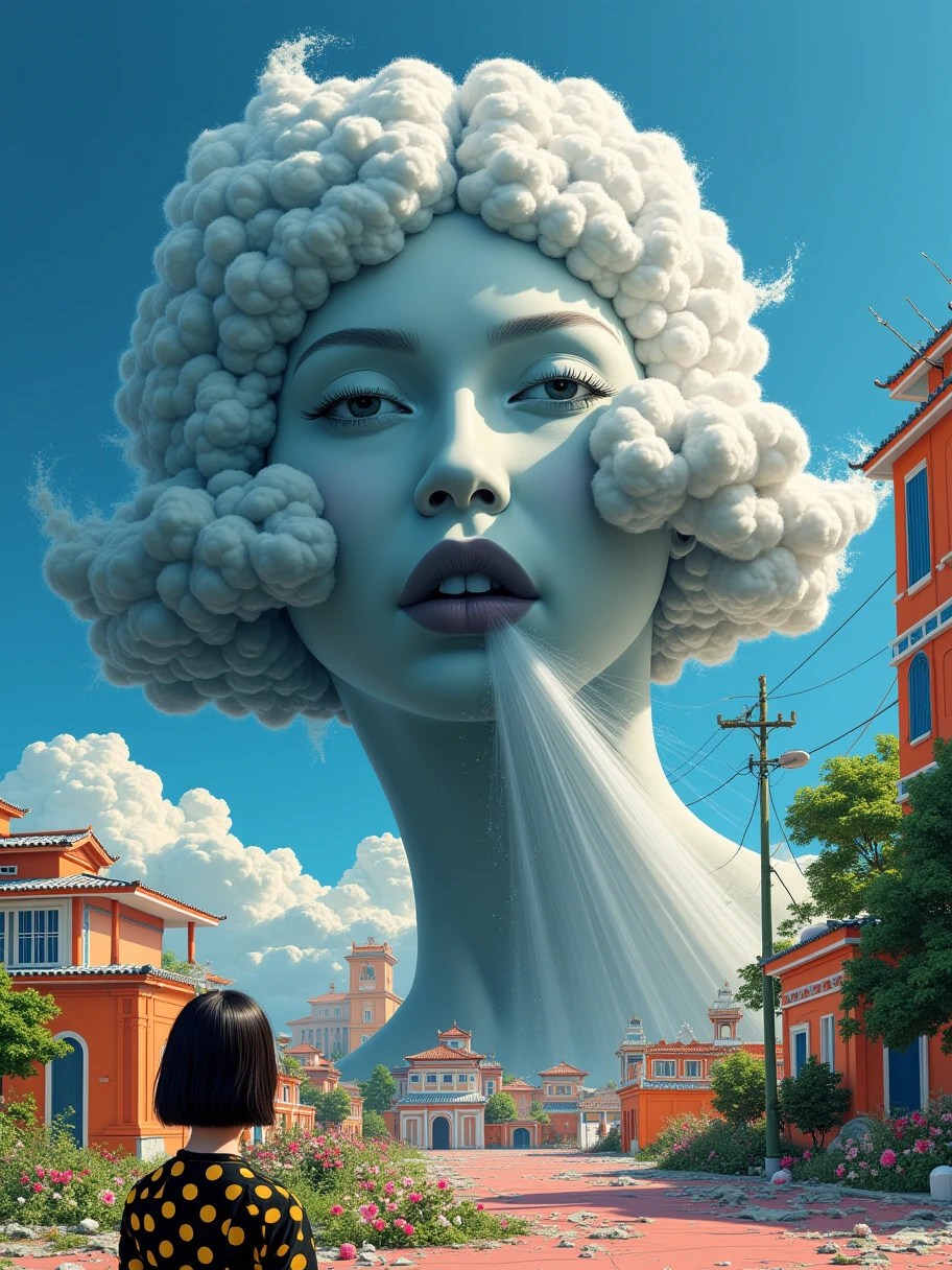 A visualization of an intense storm: the stormcloud takes the shape of a woman's face, obscured by the shadows and nuances of the turbulent cloud formations. From her mouth, strong winds are emitted, metaphorically speaking. These potent gusts are causing significant damage to a cityscape, reducing buildings to dust. Debris is scattered by the storm, painting a picture of the raw power of nature. However, the scene is devoid of people ensuring everyone's safety is prioritized in this imaginative depiction