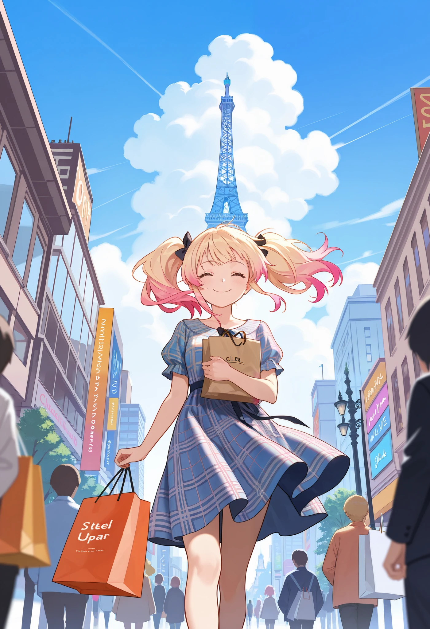 Anime style,Colorful perspective,illustration,best quality,1girl,long blonde hair,pink hair tips,twin tails,plaid dress,smile,shopping bags in both hands,cheerful expression,wind-blown hair,Eiffel Tower in background,clear blue sky,fluffy white clouds,lively park setting,people walking in distance,modern Parisian vibe
