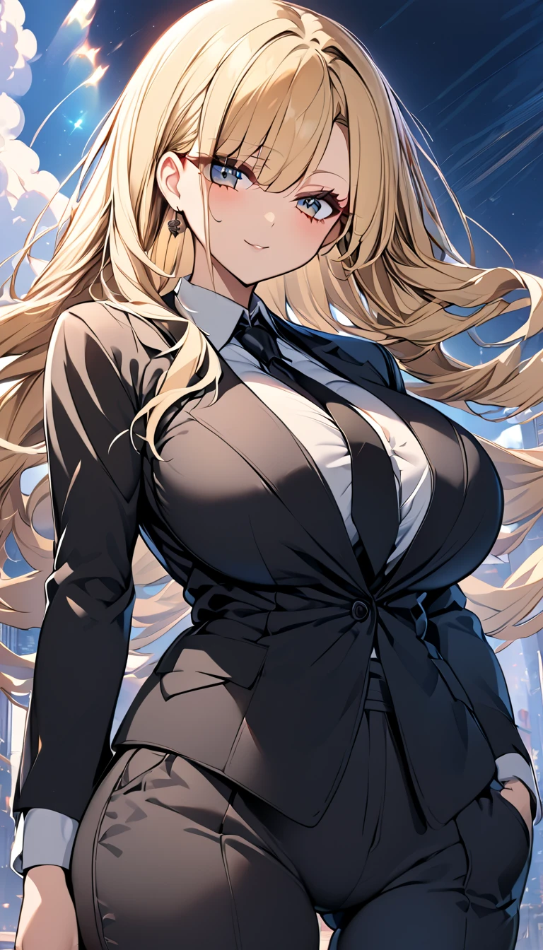  1 girl 　 pretty girl 　 anime style　Anime Face　 anime style　Beauty　Big Breasts　 top and bottom black pant suit 　 black shirt 　Black color tie　Blonde hair　 straight hair 　 long hair