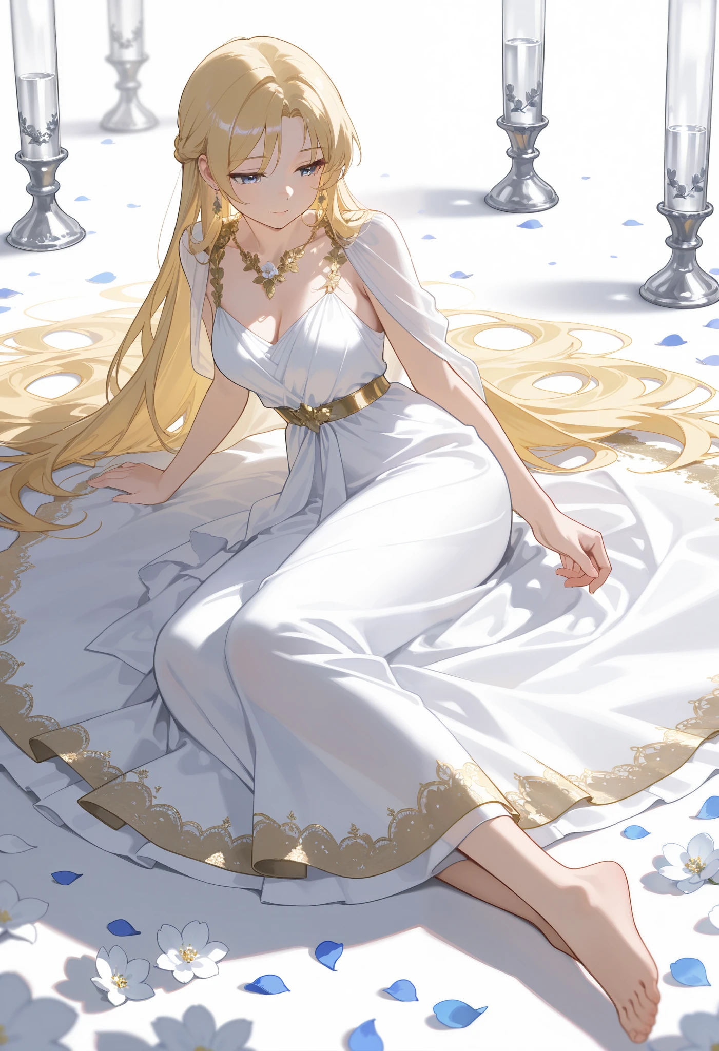 Elegant style, Soft Realism, best quality, beautiful blonde-haired woman in intricate white dress, golden accents, sitting gracefully, surrounded by white doves, delicate flowers in a silver vase, barefoot with elegant jewelry, peaceful and refined atmosphere, petals scattered on the ground, soft shadows, [minimalistic white background:5], gentle and serene expression, intricate fabric details, ethereal and pure mood
