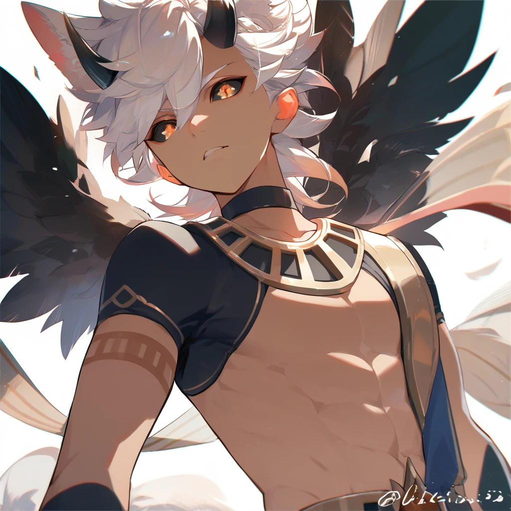 young fox boy,cat ears, chiseled abs, chiseled pecs,black skin, horns, wings,black sclera,red pupils,cute

