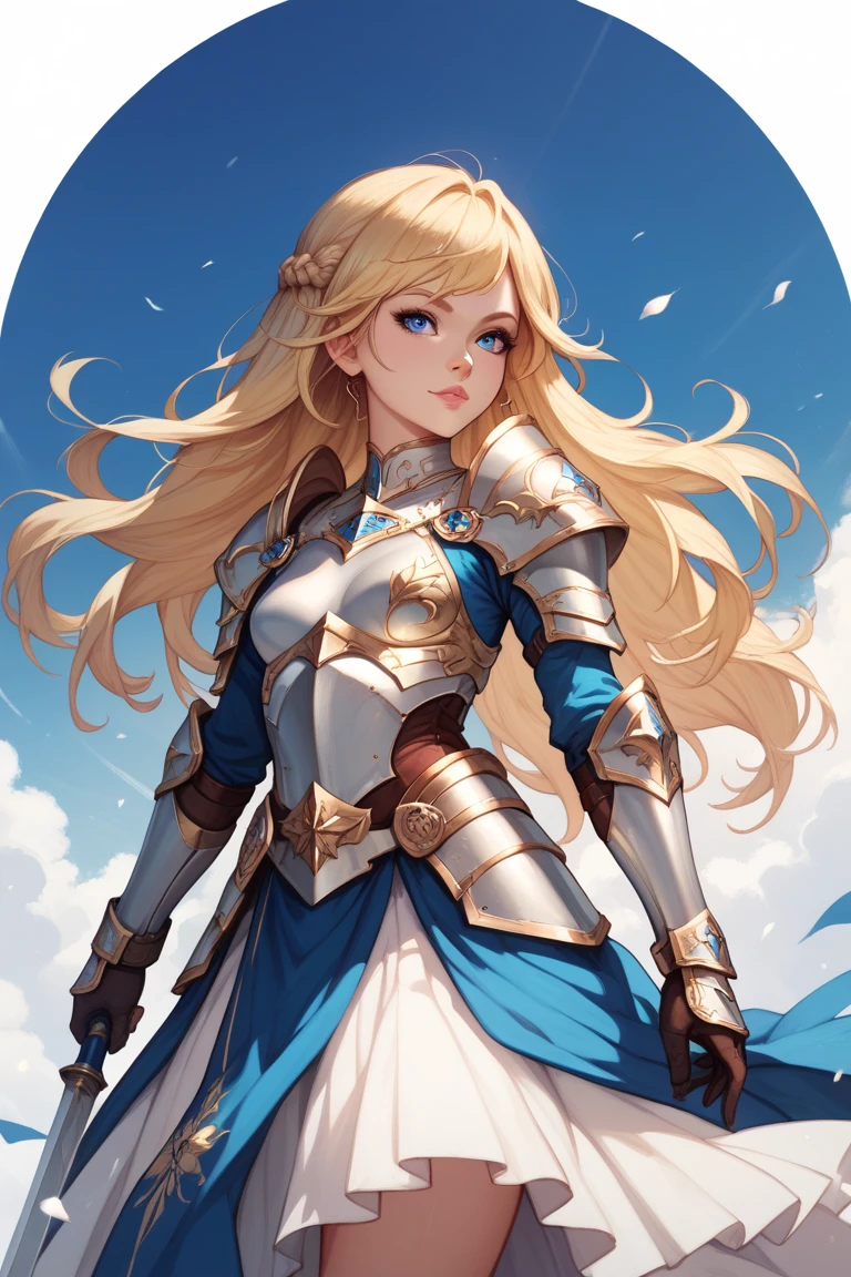 a beautiful warrior long blonde hair blue eyes small breasts armor white folded skirt she is attackedSchreien, 