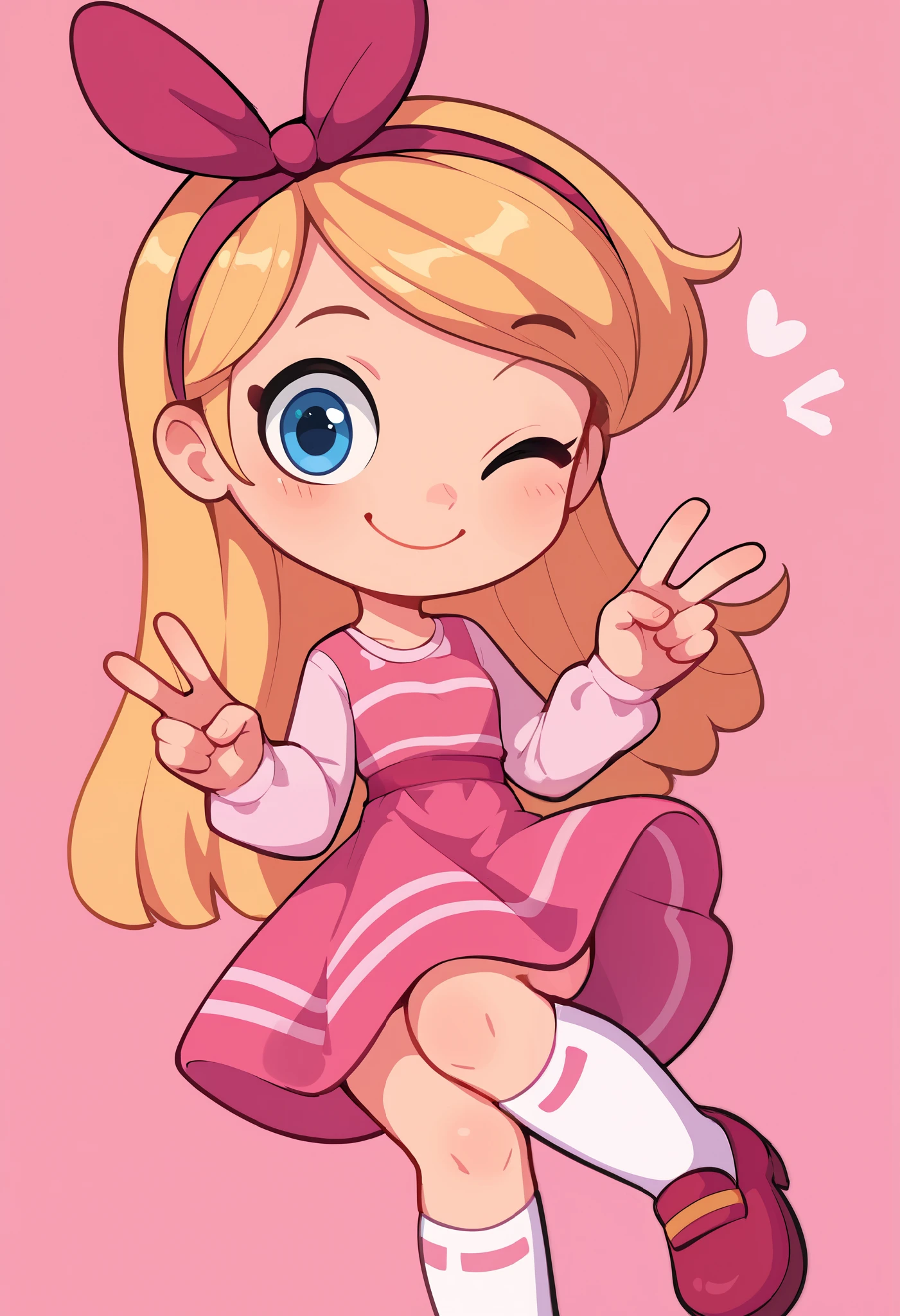 (((Masterpiece))), 1girl, one eye closed, peace sign, cute smile, cute art, cute, kawaii, left eye closed looking at viewer, high quality, blonde hair, blue eyes, long hair, hairband, pink dress, white long tube socks, happy, pink background, penny peterson