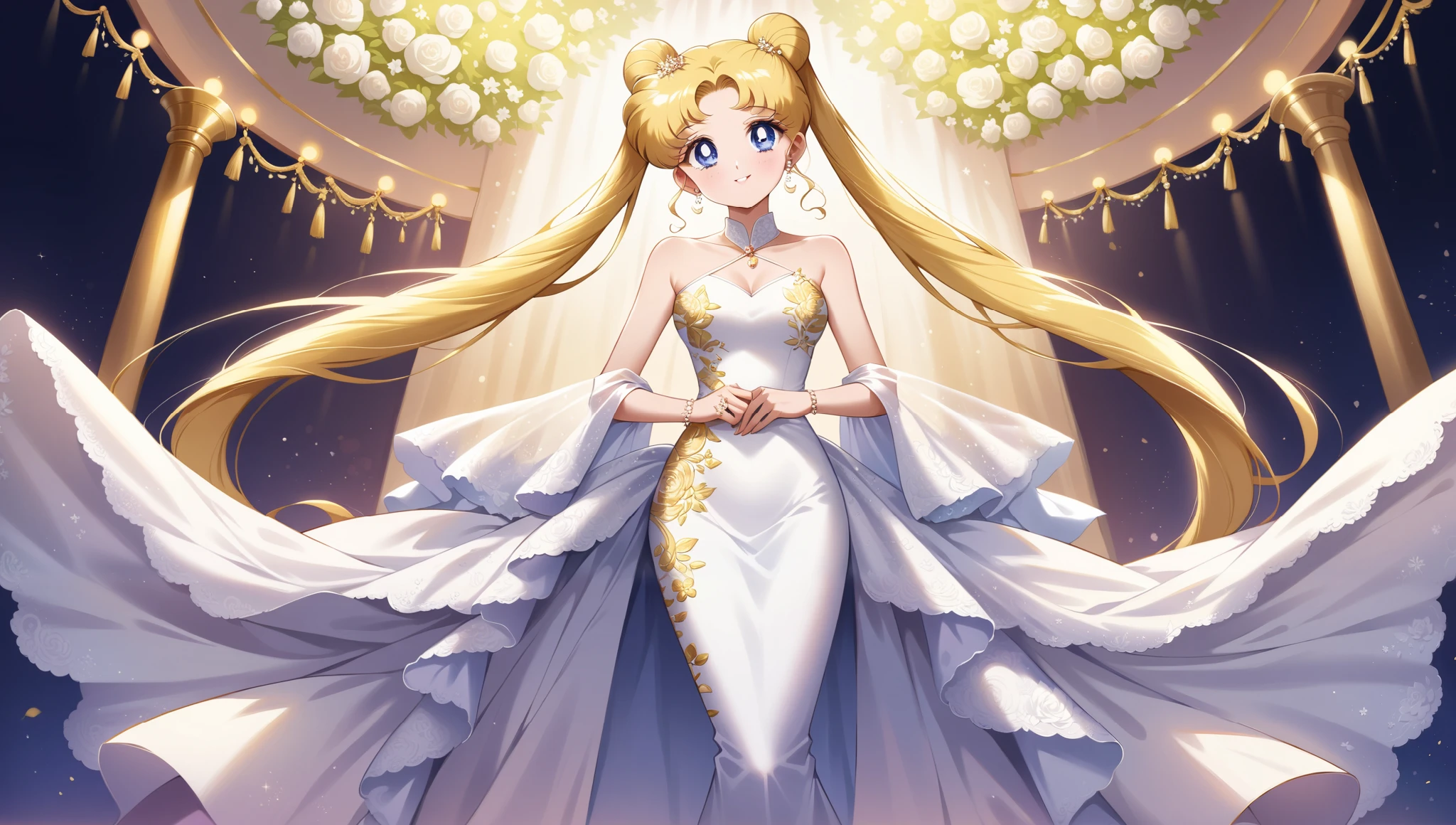 ((Highest quality)), ((masterpiece)), (detailed), ((full body)) The woman is wearing a gorgeous and gorgeous wedding dress, an Ao Dai, embroidered with gold, gorgeous jeweled accessories and an engagement ring, holding a wedding ceremony.、The woman is the elegant Tsukino Usagi with her long blonde hair in a chignon twin tail and wearing the Ao Dai wedding dress.