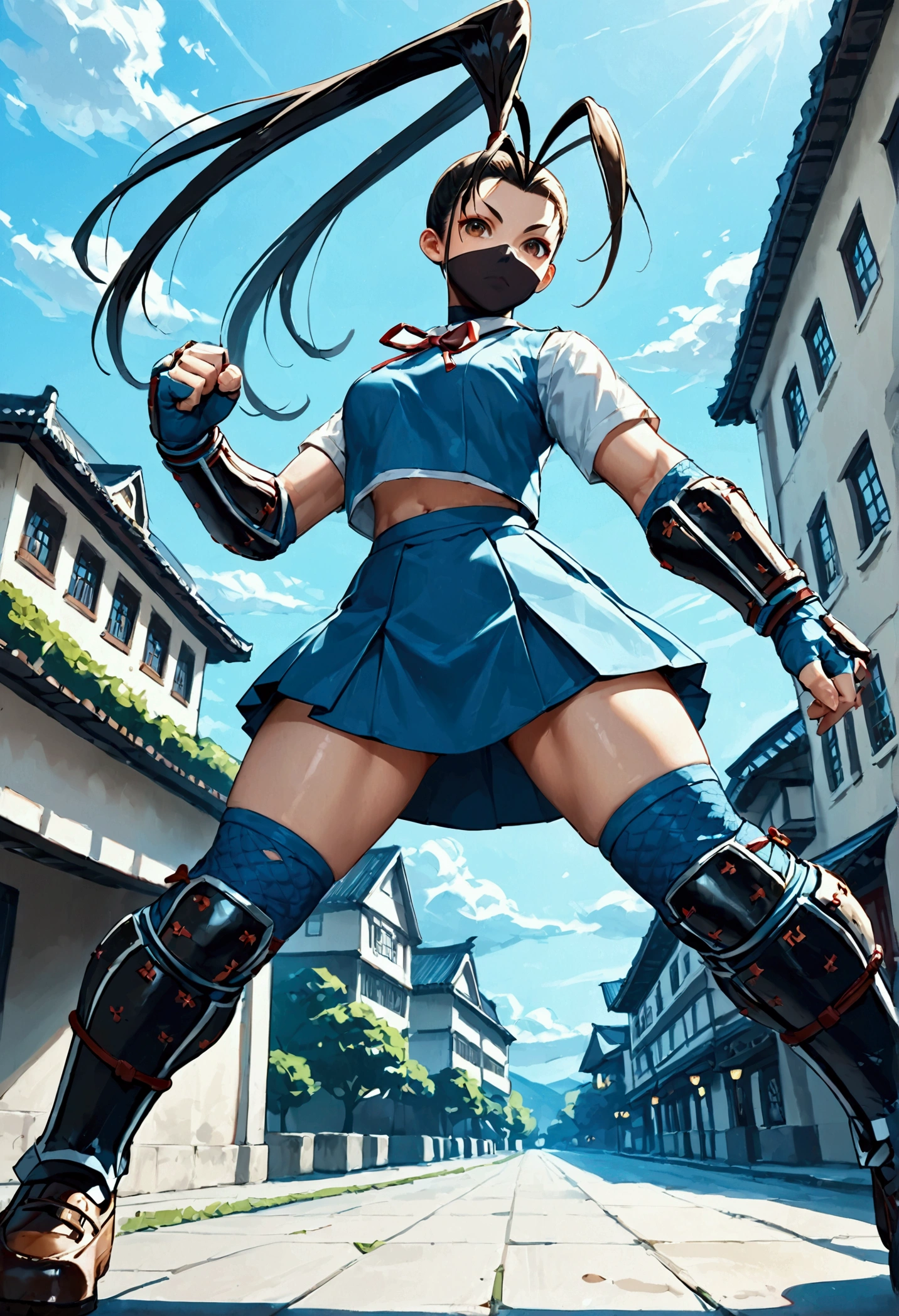 ,solo,1girl\(IbukiSF,long hair,skirt,black hair,thighhighs,gloves,brown eyes,very long hair,(school uniform),ponytail,fingerless gloves,armor,(black mask),antenna hair,japanese armor,knee pads,kote,shin guards,ibuki\(street fighter\),dynamic action,(dynamic pose:1.3),somersault,in the air\). (from below:1.3), background\((many kunai:1.3) toward viewer,street of kyoto\),(dynamic angle:1.3), Dutch angle. score_9, score_8_up, score_7_up, score_6_up, score_5_up, score_4_up, source_anime,source_furry,rating_safe,rating_questionable,masterpiece, best quality, perfect anatomy , very aesthetic , absurdres ,