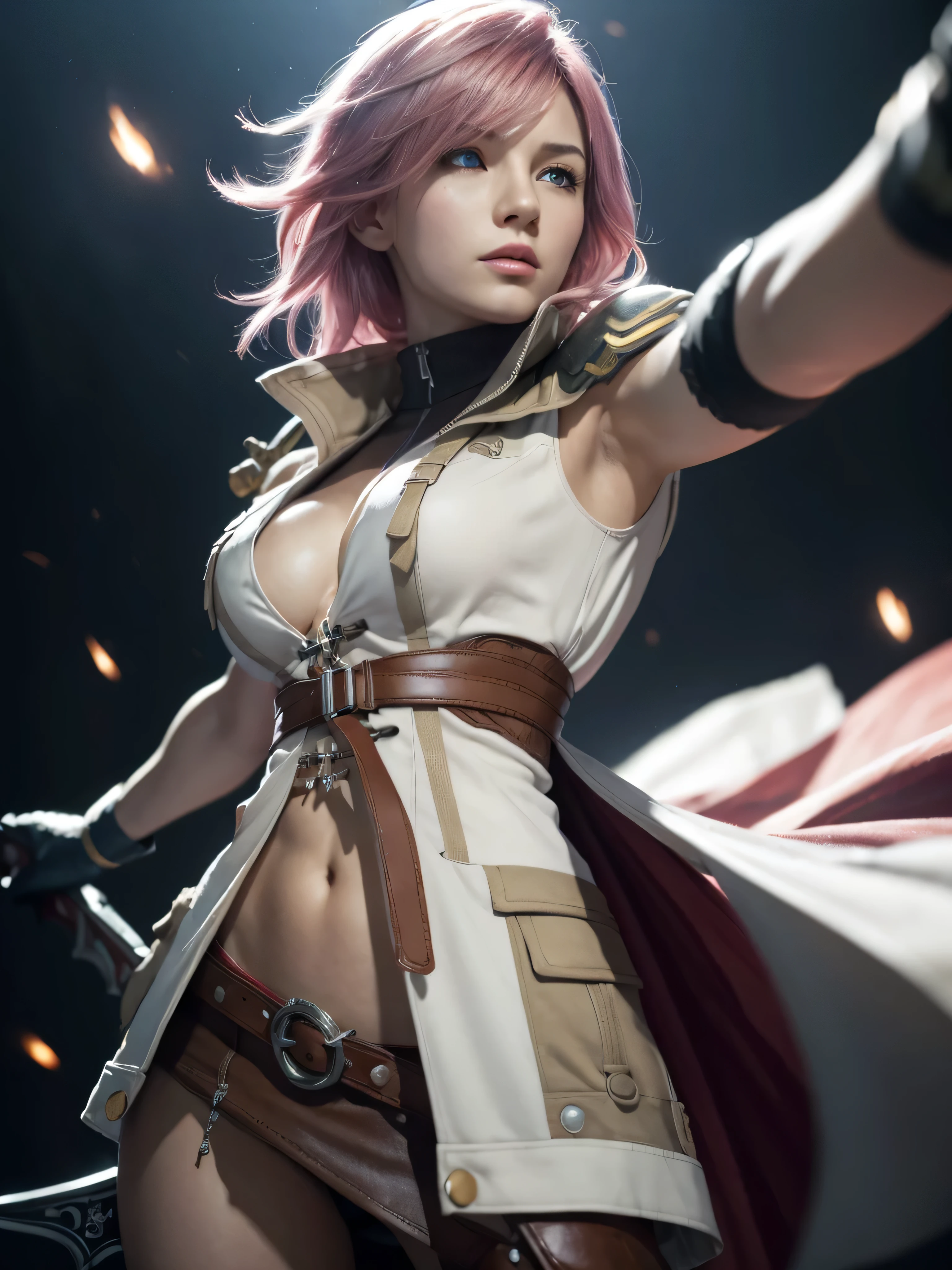 (masterpiece, best quality:1.4), (standing:1.5), (1girl, solo:1.5), (european youth:1), lightning farron, sleeveless, shoulder armor, cape, skirt, fingerless gloves, looking at viewer, (soft pink hair:0.5), sexy smile, beautiful face, highly detailed face, highly detailed skin, skin pores, subsurface scattering, realistic pupils, medium breast, full face blush, full lips, detailed background, depth of field, volumetric lighting, sharp focus, absurdres, realistic proportions, good anatomy, (realistic, hyperrealistic:1.4), 16k hdr, (holding a sword, agressive fight scene battle:1.2), (slashing thrust sword:1) (movement:1) (raised butt:1). (turning:1), (showing back:1), raised butt:1.2)