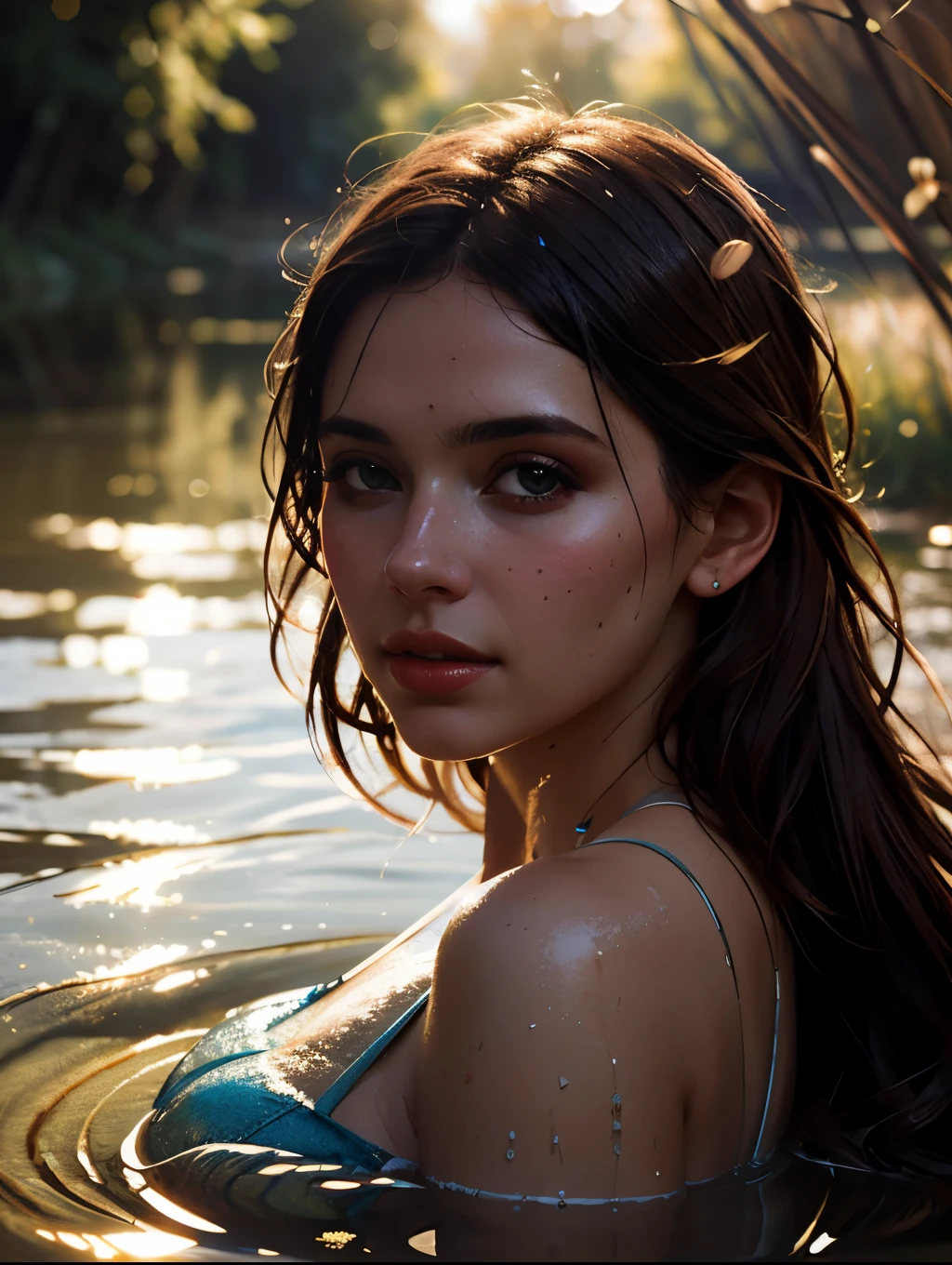 woman sitting in the water, (long wavy hair), bottom angle, in a pond, in water up to her waist, in the water, denim skirt, belt, ((v neck pullover)), white shirt, seated in the water, cute woman, with a waterfalls, casually dressed, wet look, portrait shot, mid shot portrait, playing in water, smiling at viewer, coy, cute shot, narrow depth of field, 8k, drenched, ((soaked)), dripping water, dripping oil, heavy clothes, soaked in oil, wet all over, rouge lipstick, charley.atwell