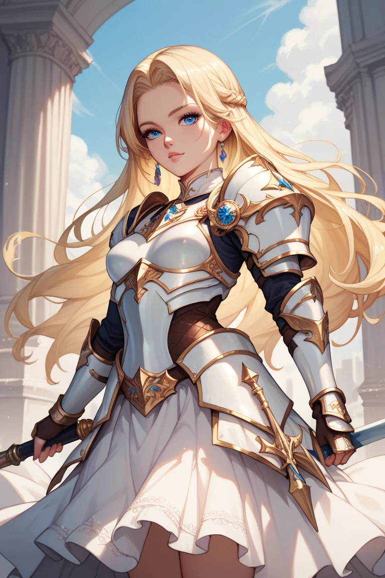 a beautiful warrior long blonde hair blue eyes small breasts armor white folded skirt she is attackedSchreien, 