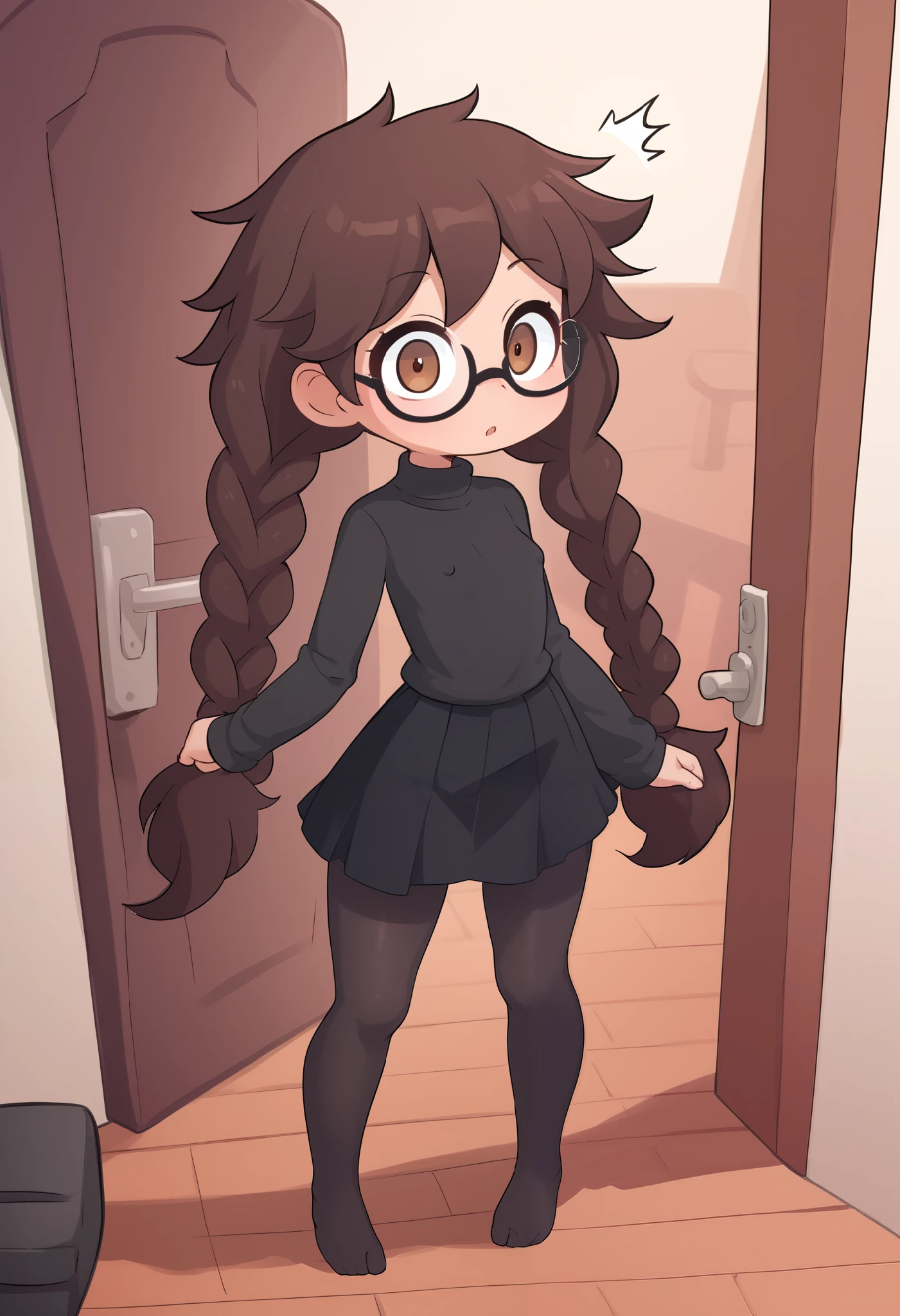 Small girl, young, full body, (solo 0.6), dark brown hair, braids, twintails, messy braids, puffy hair, messy hair, very long hair, brown eyes, skinny body, skinny legs, skinny thighs, slender body, thin waist, flat chest, indoors, (solid black sweater 0.9), black sweater, solid black skirt,  black clothing, medium length skirt, knee length skirt, black pantyhose, glasses, opening door, surprised, pov, looking up at you, big eyes, hard erect nipples, cute,