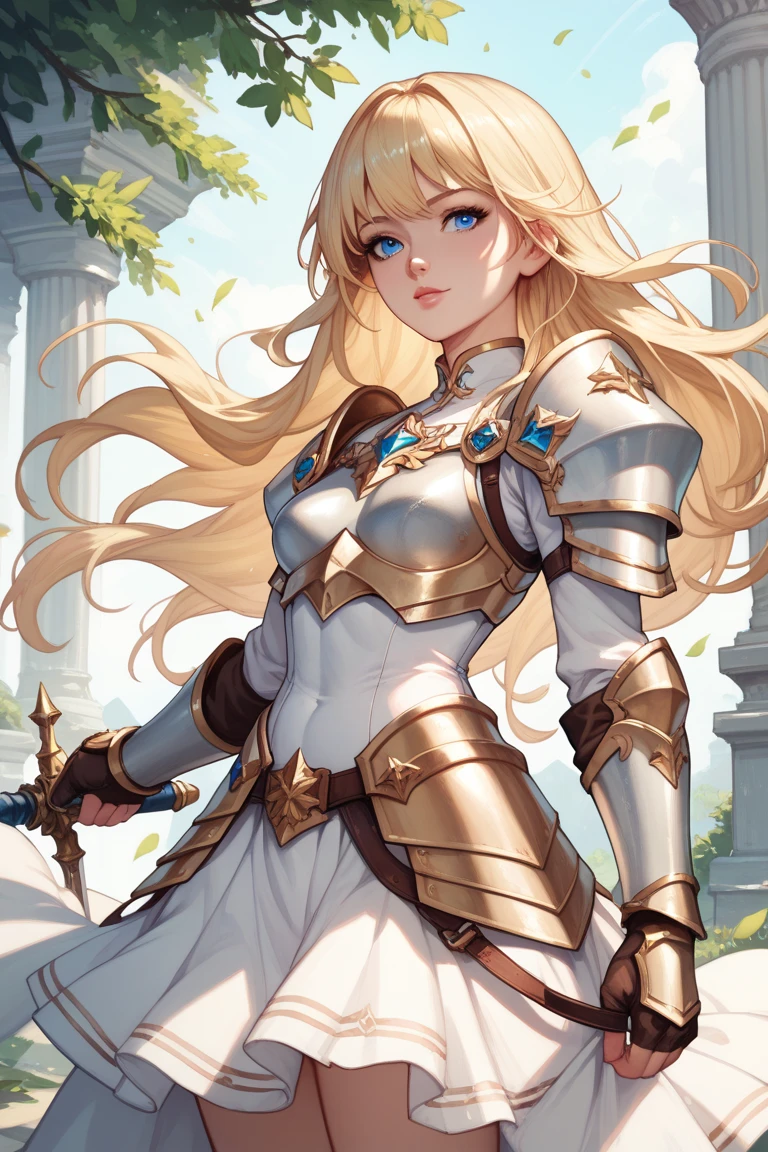 a beautiful warrior long blonde hair blue eyes small breasts armor white folded skirt she is attackedSchreien, 